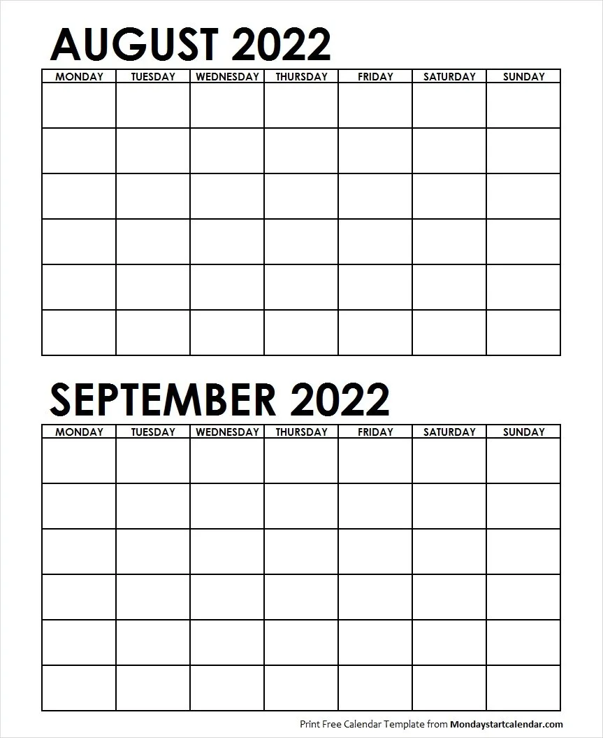 Monday Start Calendar Two Month August September 2022 Calendar Blank