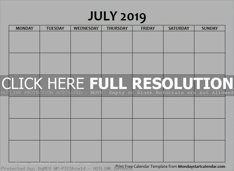 Blank Calendar July 2019 Monday to Sunday