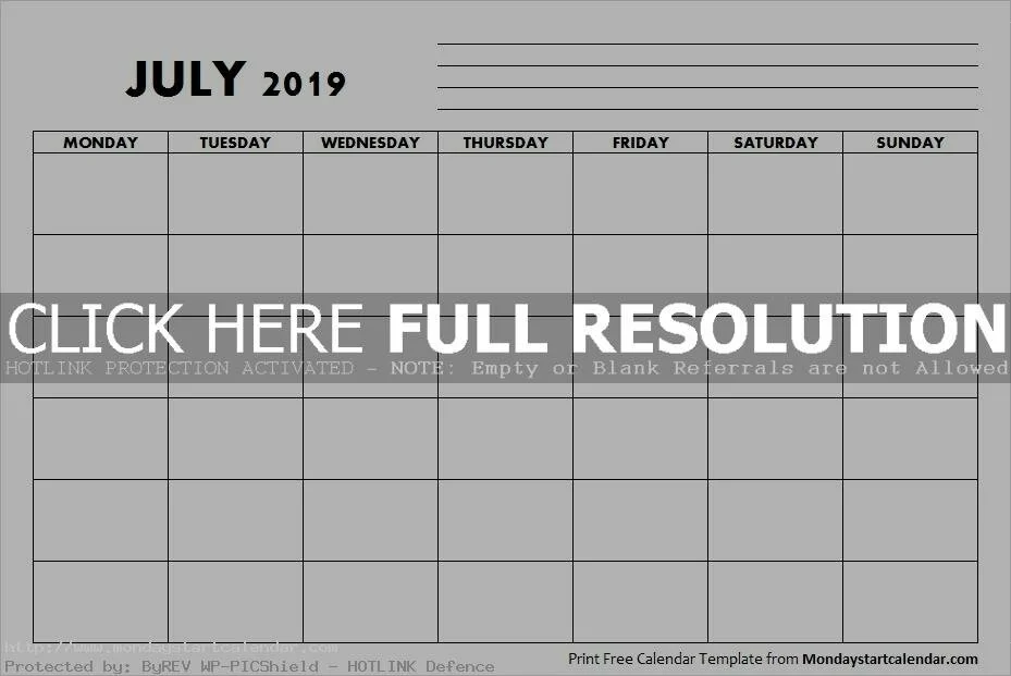 Blank July 2019 Calendar Monday Start
