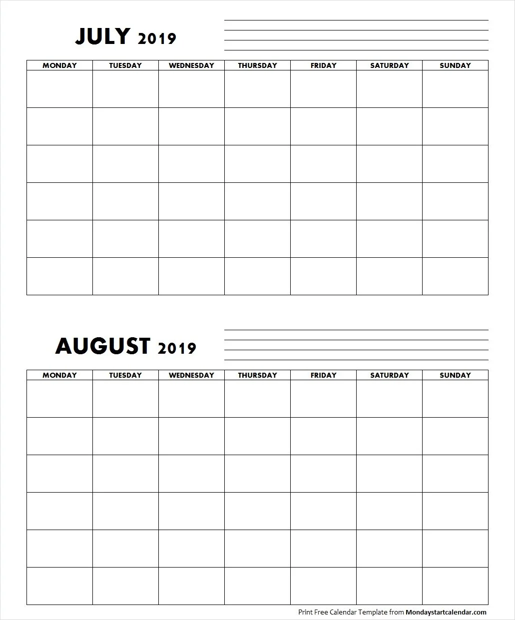 Blank July August 2019 Calendar Monday Start Template