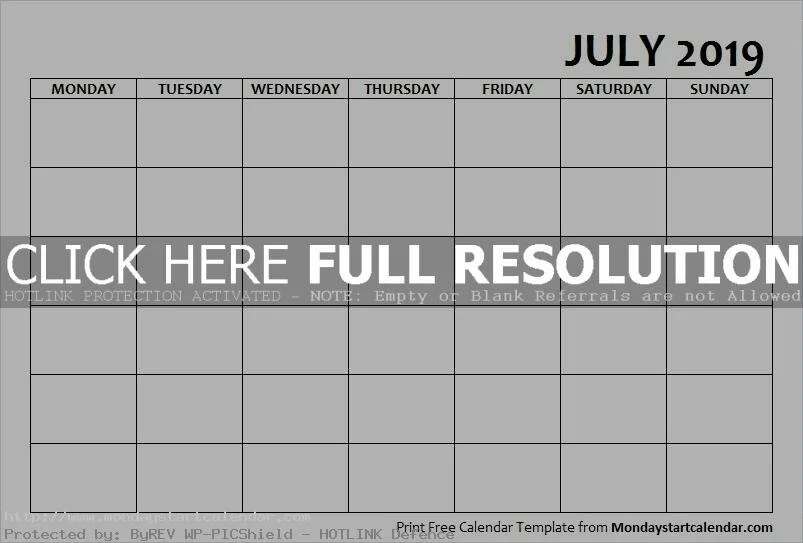 July 2019 Calendar Blank Starting Monday