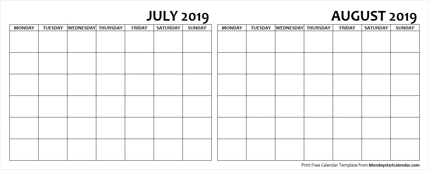 July and August 2019 Calendar Blank Printable
